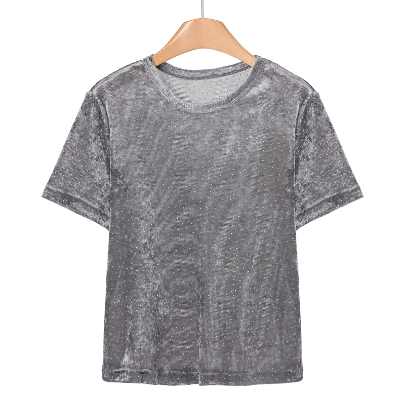 389【Th】Summer Clothing, Rhinestone-Embellished Starry Velvet Mesh Slimming T-Shirt 050