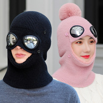 Autumn and winter thickened velvet knitted hat winter womens collar one-piece hat Mens riding warm glasses wool outdoor