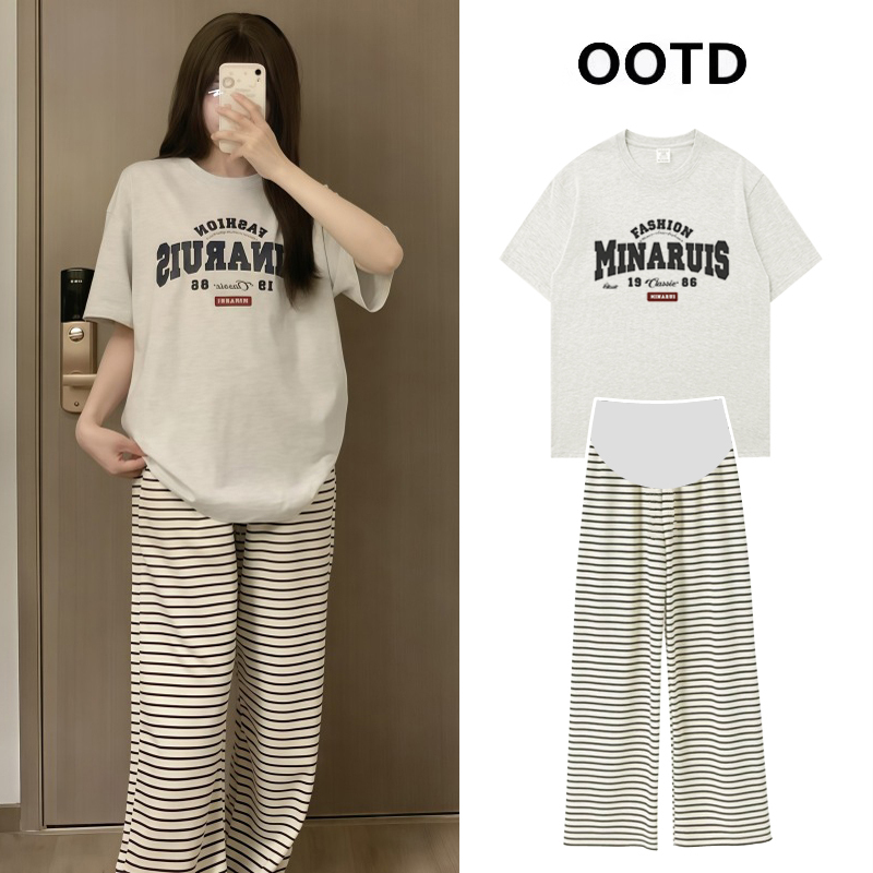Maternity Wear Summer Suit 2026 New Pure Cotton Loose Short-Sleeved T-Shirt Top Casual Striped Wide-Leg Pants