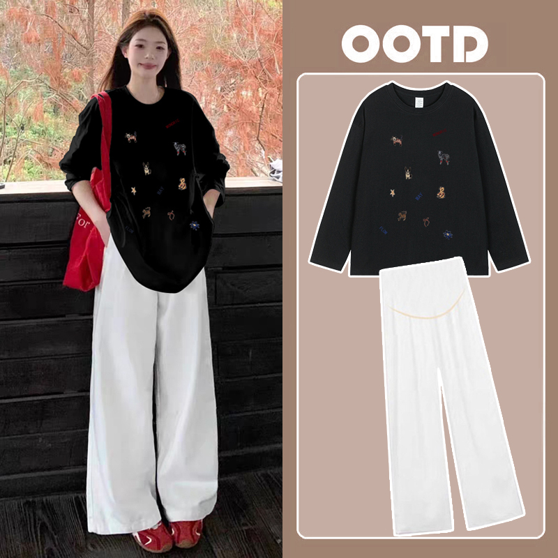 Maternity Spring and Autumn Outfit 2026 New Korean Style Pure Cotton Loose Long-Sleeve T-Shirt Top Fashionable Casual Wide-Leg Pants