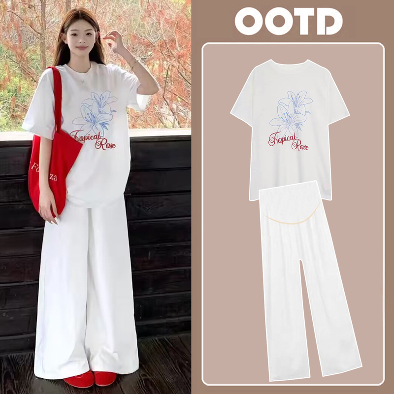 Maternity Summer Outfit Korean Style Regular Shoulder Pure Cotton Loose Short-Sleeve T-Shirt Top with a High-End Feel, Two-Piece Set for Pregnancy Wear