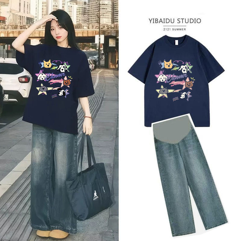 Maternity Summer Outfit 2026 New Korean Style Loose Slimming Short-Sleeved Cartoon T-Shirt Plus Size Cute Age-Reducing Top