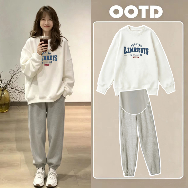 Maternity Autumn and Winter Set, New Spring Korean Style Loose Letter-Print Top, Casual Plus-Size Pregnancy Outfit, Fleece Sweatshirt Maternity Autumn and Winter Set, New Spring Korean Style Loose Letter-Print Top, Casual Plus-Size Pregnancy Outfit, Fleece Sweatshirt