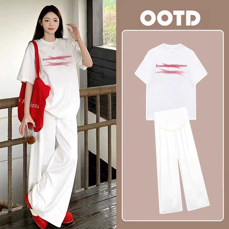 Pregnant Women's Summer Suit, New Korean Style High-End Pure Cotton T-Shirt Top, Casual Short-Sleeved Two-Piece Set for Pregnancy Wear