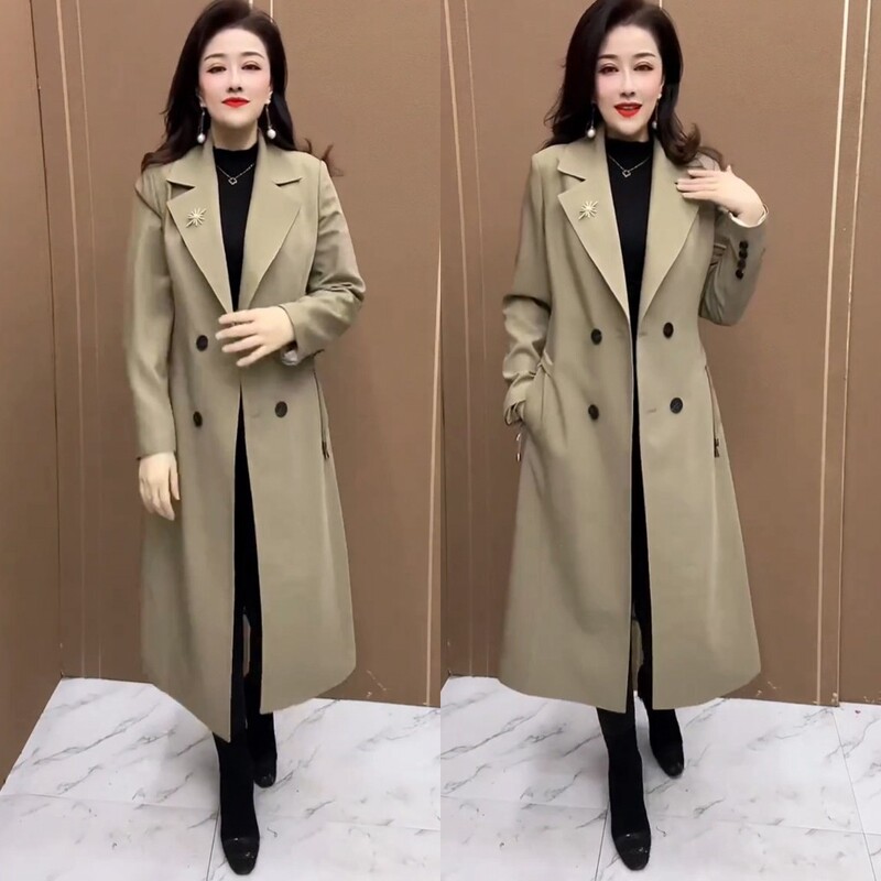 Double-Breasted Khaki Trench Coat for Women, Spring and Autumn 2026 New Korean Style Mid-Length Blazer Coat with Drape, Casual Jacket Double-Breasted Khaki Trench Coat for Women, Spring and Autumn 2026 New Korean Style Mid-Length Blazer Coat with Drape, Casual Jacket