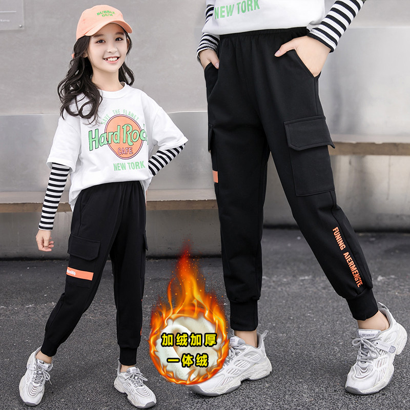 Girls overalls plus velvet thickened autumn and winter clothing foreign style sweatpants Korean version of the sports pants children's middle and big children's winter pants