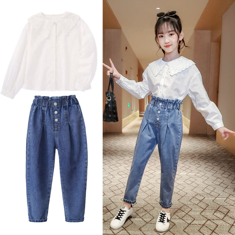 Girls suit 2021 spring and autumn new net red casual long-sleeved shirt ultra-western style jeans wild two-piece set