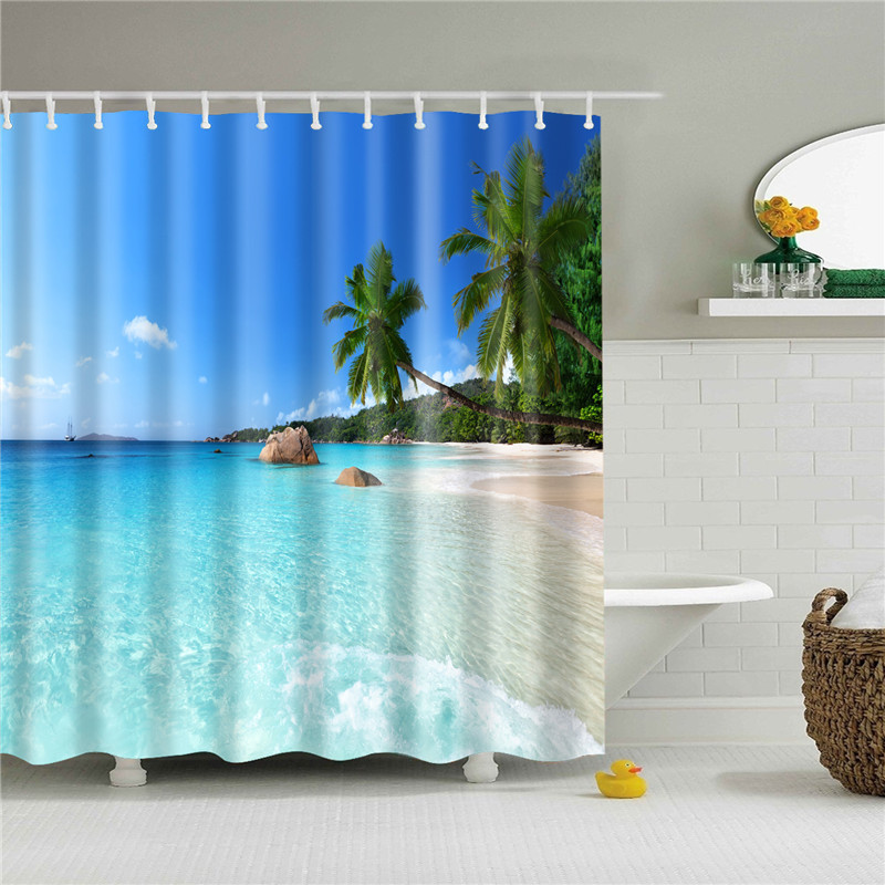 Hot-Selling Maldives Sea View Shower Curtain Set Bathroom Waterproof and Mildew-Proof Polyester Partition Curtain Blue Sky and White Clouds Door Curtain