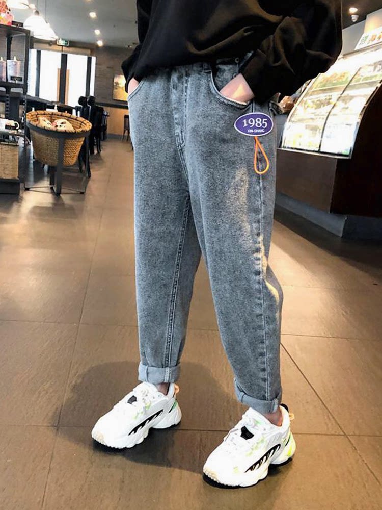 Girls straight jeans spring and autumn 2020 new Korean version boys loose casual all-match elastic dad pants trendy
