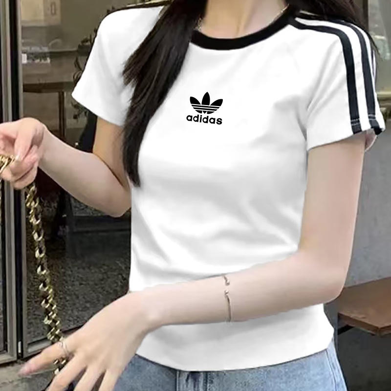 Slim-Fit Short T-Shirt for Women Adidas Summer Round Neck Short-Sleeve Top Pure Cotton Clover