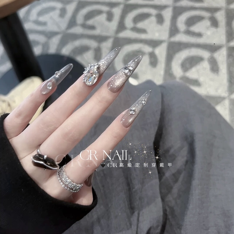 """"""Small Smoke""Crnail’S Popular Handmade New Wearable Nails, Sparkling High-End Cat-Eye Whitening Manicure