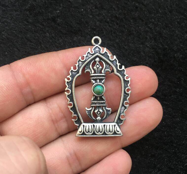 925 pure silver inlaid green pine stone diamond pestle with a hidden Buddha pearl pendant for old money fidelity