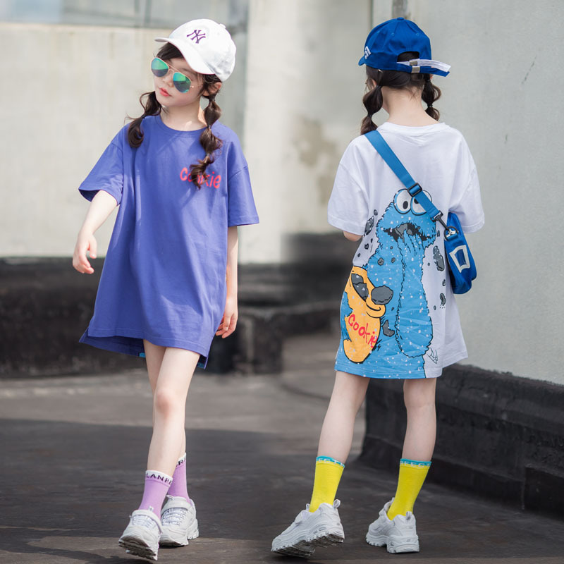 Tide girl summer dress middle long t-shirt port wind big boy new air short sleeve children loose and tops