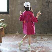 Tide brand girls mid-length t-shirt Hong Kong style middle-aged childrens new Western style fashion long-sleeved childrens loose sports top