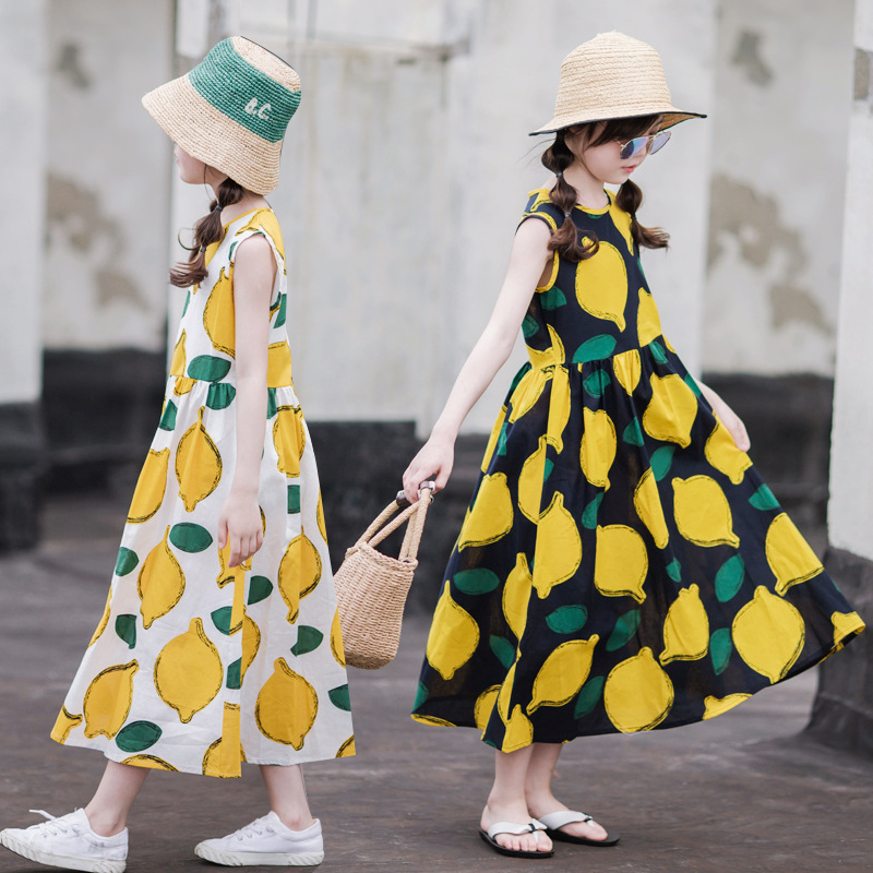 Tide-card girl Summer print Liandress Port wind CUHK Scout thin Princess Skirt Girl Loose long skirt-Taobao