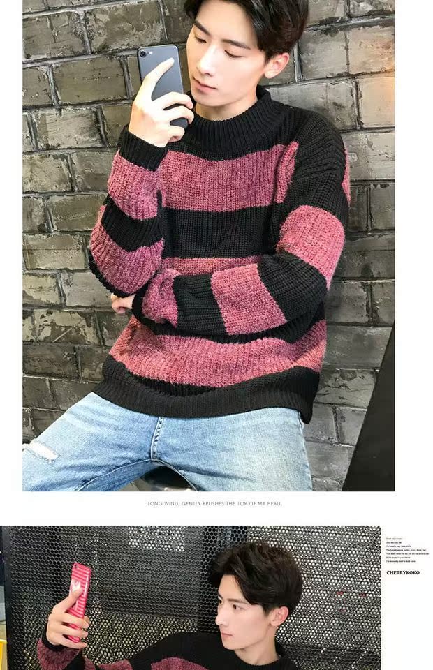 Áo len dài tay cho nam Áo len tuổi teen Áo len dệt kim mùa đông đan sọc phong cách Harajuku Mặc ngoài mặc áo nhỏ áo khoác nam mùa đông