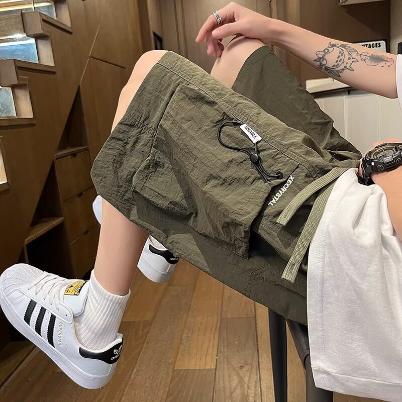 Ice Silk Work Shorts for Men, Summer Thin Loose Fit, Trendy Brand, Beach Quick-Drying Five-Point Pants, Men's Army Green