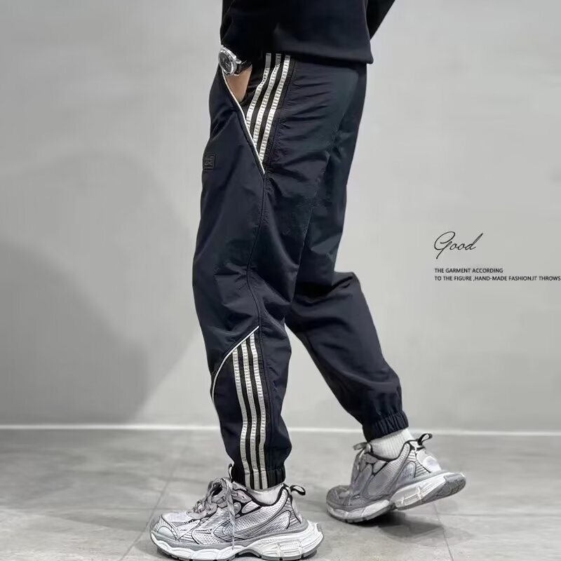 Men's Summer Ice Silk Casual Pants, Fashionable Plus-Size Trendy Striped Patchwork Jogger Pants, Versatile Loose-Fitting Outdoor Pants