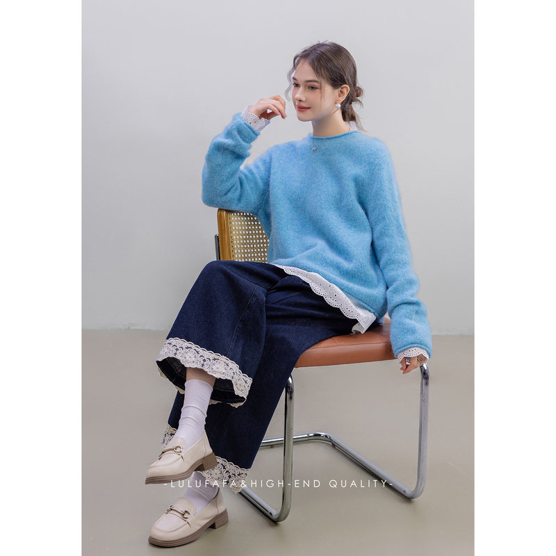 Lulufafa Blue Round Neck Soft Knit Sweater