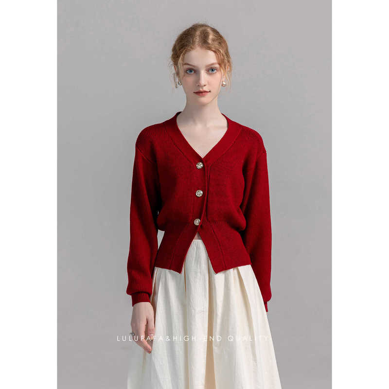 Lulufafa Cherry Red Sweater Cardigan Women's Coat Stylish Waist-Cinching Slimming Christmas and New Year Festive Top Lulufafa Cherry Red Sweater Cardigan Women's Coat Stylish Waist-Cinching Slimming Christmas and New Year Festive Top