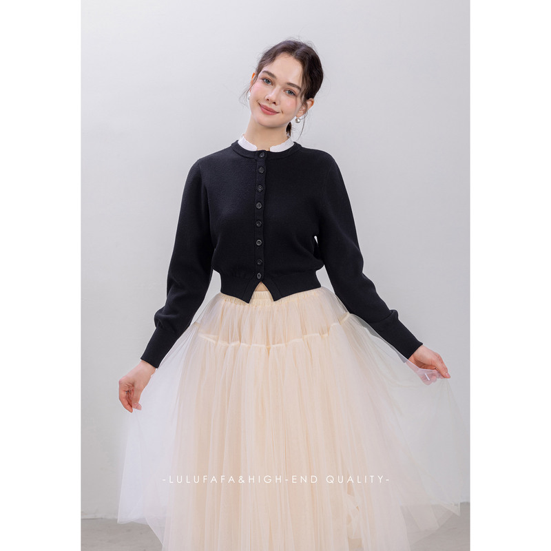 Lulufafa Autumn and Winter New Color-Blocked Fake Two-Piece Sweater Inner Top for Women with a Stylish Round Neck Knitted Cardigan