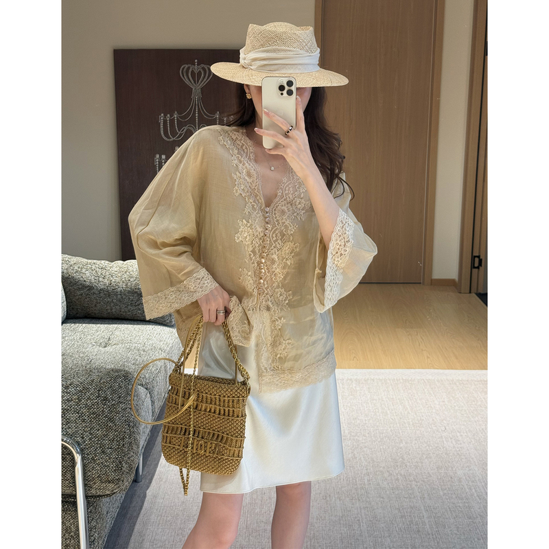 Zhizhi Chicago【Natalie Flower Notes】100% Ramie French Retro Lace Jacquard Embroidered Long Sleeve Shirt Zhizhi Chicago【Natalie Flower Notes】100% Ramie French Retro Lace Jacquard Embroidered Long Sleeve Shirt