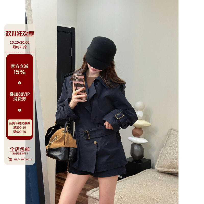 Zhizhi Chicago【Rights and Laws】Elegant British-Style Suit Autumn and Winter Short Trench Coat with Ribbon Shorts Zhizhi Chicago【Rights and Laws】Elegant British-Style Suit Autumn and Winter Short Trench Coat with Ribbon Shorts