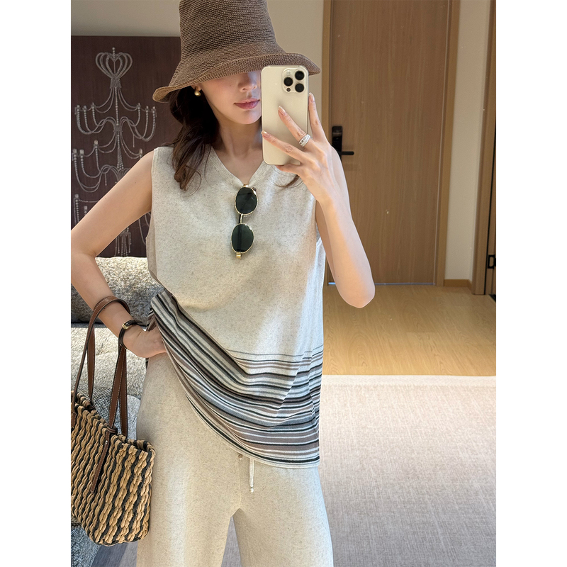 【Mist Memories】Linen Lyocell Old Money Style Lazy Contrast Color Striped Knit Vest Wide-Leg Pants Set