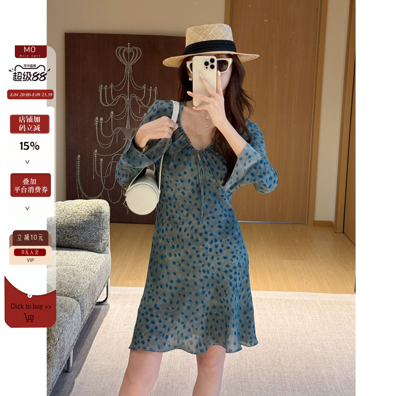 Zhizhi Chicago【Cannes Island Blue】100% Rayon French-Style High-End Polka Dot V-Neck Tie Blue Dress Zhizhi Chicago【Cannes Island Blue】100% Rayon French-Style High-End Polka Dot V-Neck Tie Blue Dress