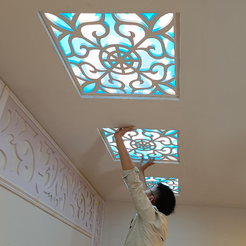 Hollow plate carved partition living room Chinese-style solid wood porch background wall decorative lattice PVC through flower board suspended ceiling