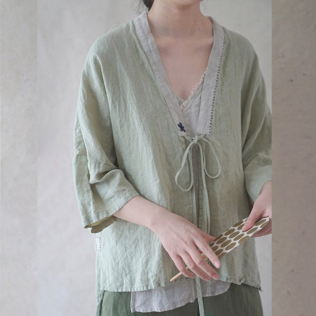 Yiyan cotton and linen spring and summer new products original design Zen literary and artistic linen contrasting color lace-up cardigan versatile shirt tea suit