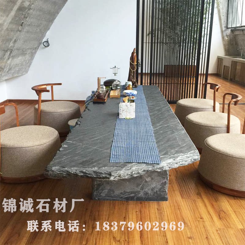 Natural Green Stone Slab Rock Black Tea Table Imitation Ancient Wool Side Stone Countertops Large Stone Slab Retro Original Stone Hotpot Table