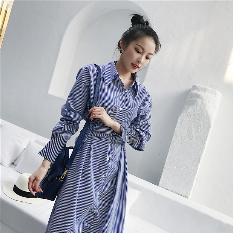 VK旗艦店 韓國風條紋綁帶腰帶百搭襯衫裙長袖洋裝