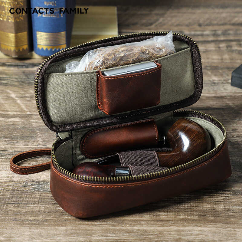 Cowhide Pipe Bag, Handmade Tobacco Storage Box Set, First-Layer Cowhide Convenient Storage Bag, Genuine Cowhide Box with 2 Compartments