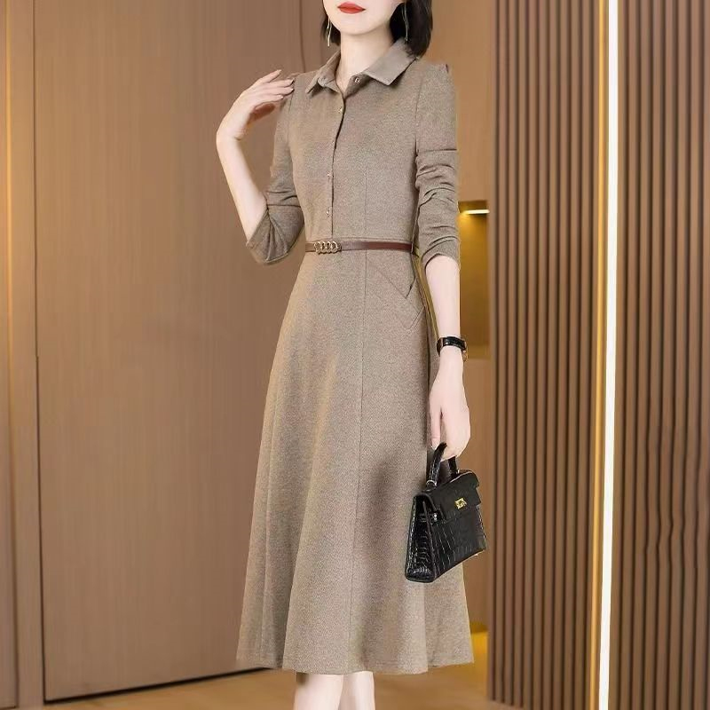 Maxmurny Accessible Luxury Fashion Long-Sleeved Dress for Women, New Spring & Fall Style, Elegant Mid-Length Polo Collar Dress