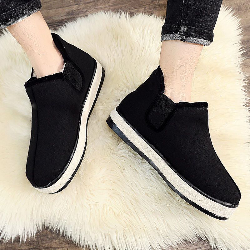 Winter Dad's Felt Shoes, Handmade Cotton Shoes for Men, Black High-Top Snow Boots, Non-Slip, Flat-Soled, Warm