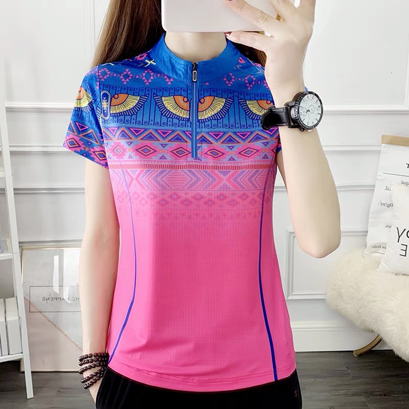 Summer outdoor ice silk quick-drying clothes women's short-sleeved stand-up sports elastic T-shirt sunscreen quick-drying thin hiking half-sleeves