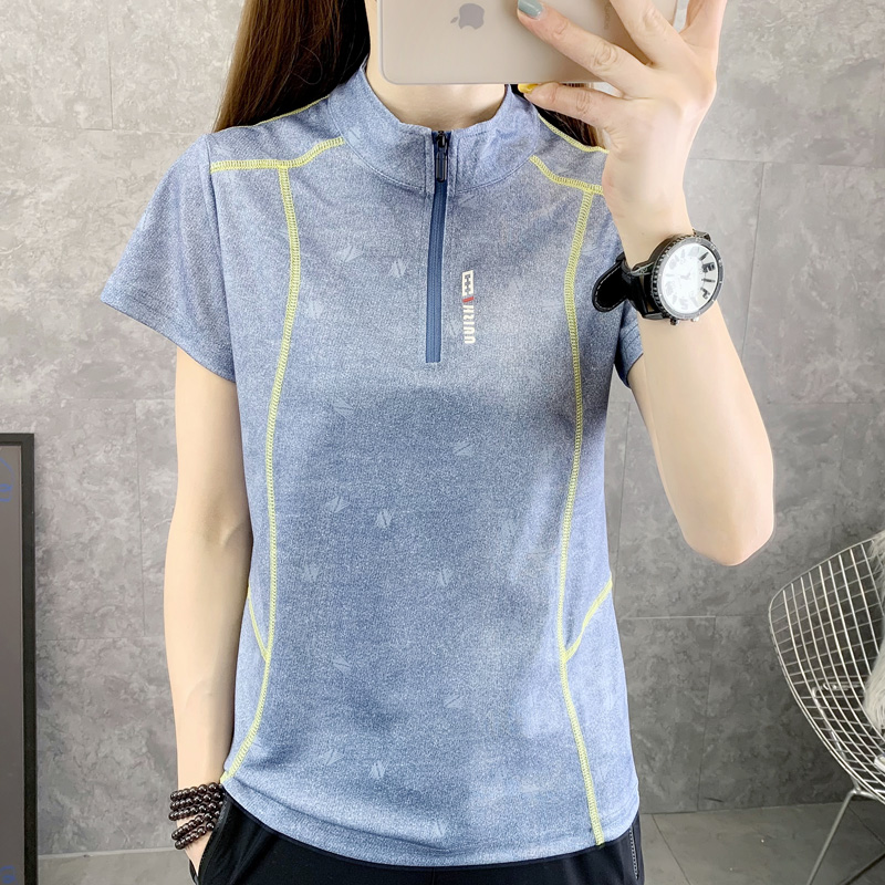 Thin and quick-drying T-shirt women's short-sleeved suit printing stand-up collar summer lightweight elastic breathable mountaineering sports quick-drying clothes