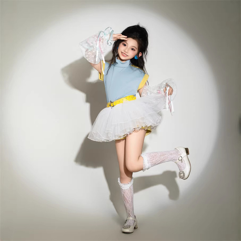 Sports Ballet Style Children's Runway Outfit Dopamine Sweet Lace Set疾风少年8 Blue-Yellow New Summer 9