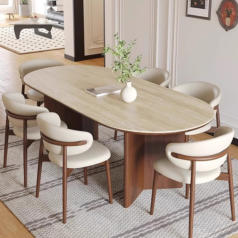 Vintage Wind Cave Stone Slab Dining Table, Home-Use Solid Wood Table, Retro Oval Natural Wood, Modern Minimalist Light Luxury French Style