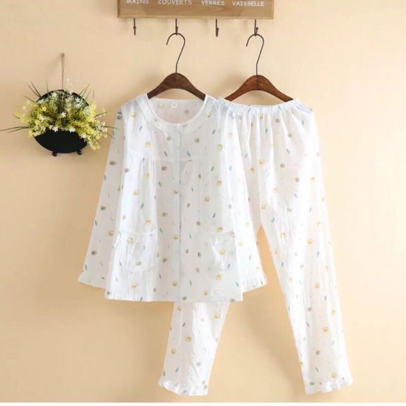 Japanese-Style Washed Cotton Pajamas for Women, Thin Cardigan, Long Sleeves, Comfortable Summer, Fresh Style, Artificial Cotton Loungewear Set