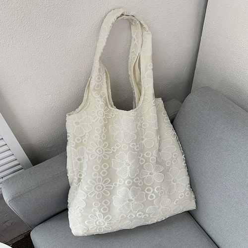 Белый шоппер, сумка на одно плечо, вместительная и большая льняная сумка, в цветочек, с вышивкой