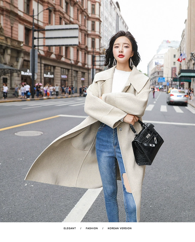 Áo khoác len gió Hepburn nữ mùa thu đông 2019 mới dài phần phiên bản Hàn Quốc của chiếc áo khoác len hai mặt cà vạt - Áo len lót đôi