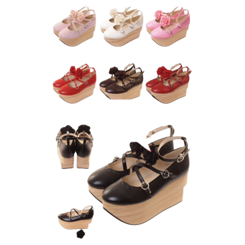 Japanese Bodyline Rose Flower Thick-Soled Wood-Grain Platform High Heels Lolita Rocking Horse Shoes for Women