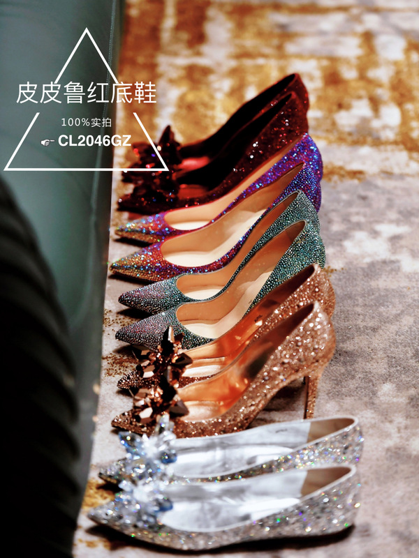 Spring and Autumn Clⅴ Women's Shoes Pointed Toe Sequin Mesh Stiletto Heels Rhinestone Red Sole Shoes Shallow Mouth Wedding Shoes Flat Crystal Shoes