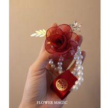 Red small fresh pearl bracelet with happy words beautiful knot wedding bride bridesmaid sister group event wrist flower hand flower