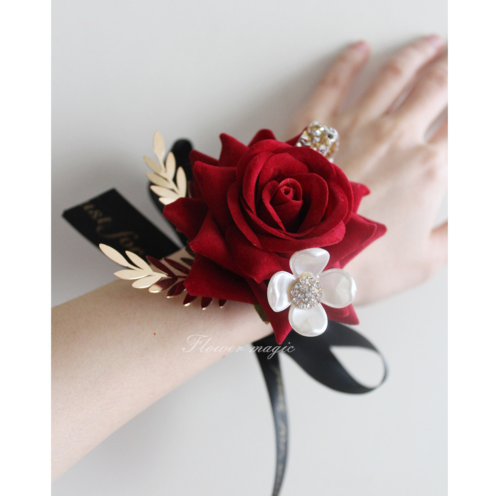  Rose wrist flower knot wedding festive meritocratic Korean style flannel red rose groom bridal bridesmaid with brokenness-Taobao