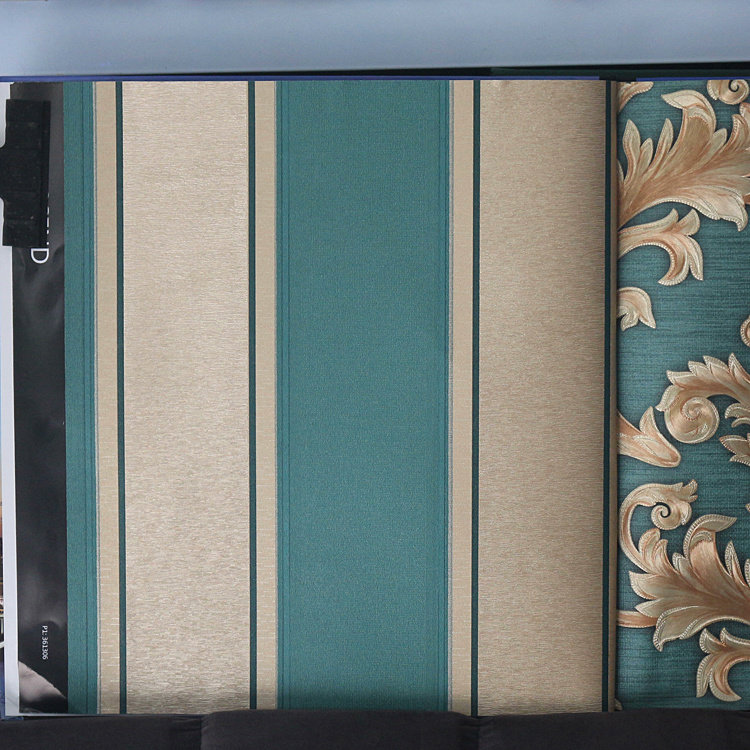 Blue - green vertical wallpaper with European - style Damascus AB compressed wallpaper in the study room TV wall