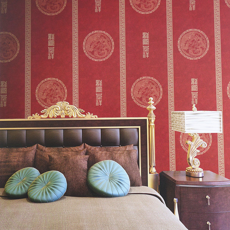 Neo-classical red dragon phoenix auspicious atmospheric pattern wallpaper modern Chinese living room study wallpaper background non-woven fabric