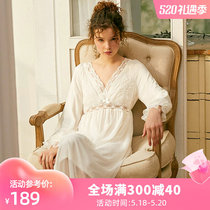Dust-Hee Original Retro Sleeping Dress Spring Autumn Long Sleeve Deep V Sexy Hollowed-out Lace Mesh Veil Modale Stay-at-home Pyjamas